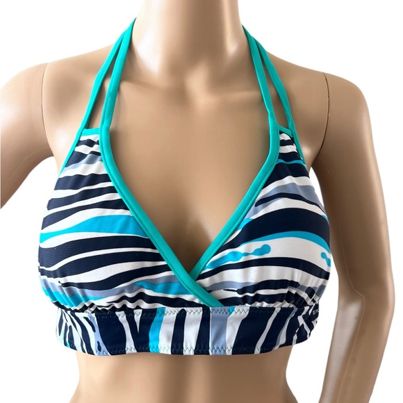 ZEROXPOSUR Blue Reversible Swimsuit Bikini Halter Top Floral Striped Padded - Picture 1 of 5